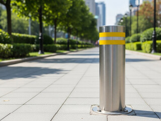 Modern urban street with silver bollard and yellow stripes