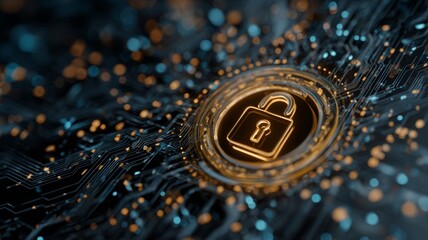 Futuristic digital padlock with glowing circuits representing advanced cybersecurity, data protection, and secure network technology in a high-tech digital landscape