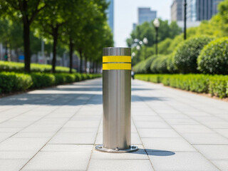 Modern silver bollard with yellow stripes on city sidewalk
