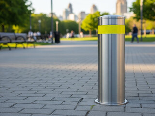 Stainless steel bollard with yellow reflective band on city sidewalk