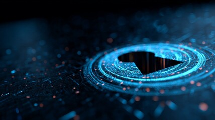 Futuristic digital padlock with glowing circuits representing advanced cybersecurity, data protection, and secure network technology in a high-tech digital landscape