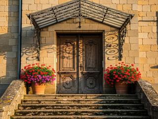 Ornate wooden door with vibrant flowers on stone steps outside