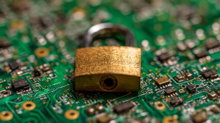 Glowing padlock on futuristic circuit board representing cybersecurity, data protection, online privacy, and digital security technology concept