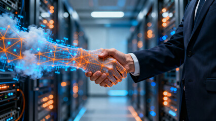 Conceptual image showing digital and human hands joining together in data environment reflecting future collaboration and network trust