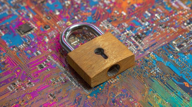 Glowing padlock on futuristic circuit board representing cybersecurity, data protection, online privacy, and digital security technology concept - Powered by Adobe