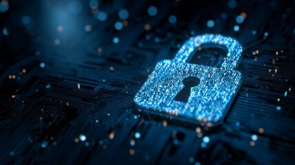 Blue cybersecurity concept with lock symbol representing secure access, data protection, network security, protection against cyber attacks, online fraud prevention, and information technology system 