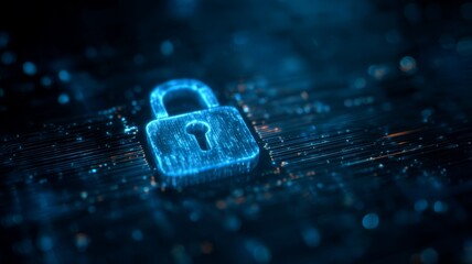 Blue cybersecurity concept with lock symbol representing secure access, data protection, network security, protection against cyber attacks, online fraud prevention, and information technology system 