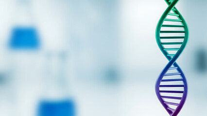 Abstract DNA double helix structure in a blurred laboratory setting, symbolizing genetic research, biology, and biotechnology.