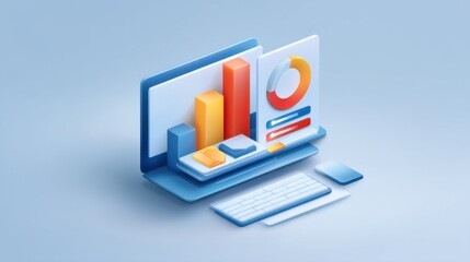 Stylish 3D Computer Monitor Displaying Colorful Bar Graphs and Pie Chart for Business Analysis and Data Visualization in a Modern Workspace Aesthetic