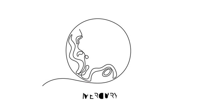 Mercury. Moon, Star, Sun  and planet concept. Single line draw design. Full length animation illustration. High quality 4k footage