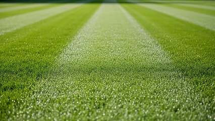 A serene low-angle view of a freshly mowed green field with striped patterns under bright daylight