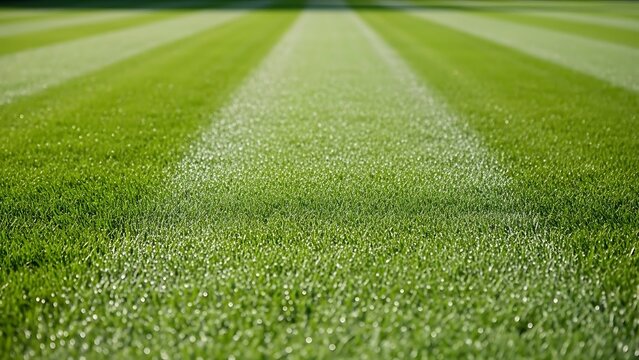 A serene low-angle view of a freshly mowed green field with striped patterns under bright daylight