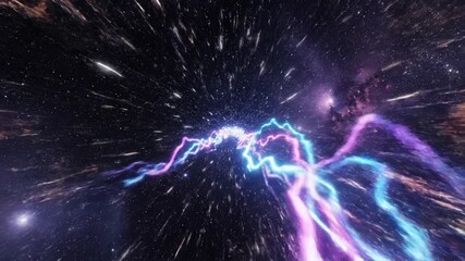 A vivid cosmic explosion with blue and pink lightning streaks against a dark, starry background - Powered by Adobe