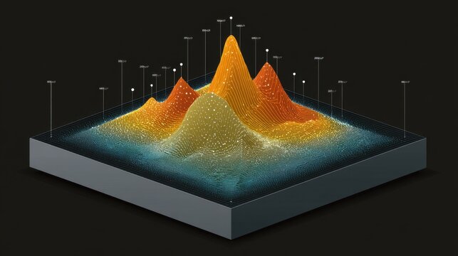 Colorful 3D Surface Plot with Multiple Peaks and Valleys Representing Data Visualization and Mathematical Function Interactivity in a Dark Background