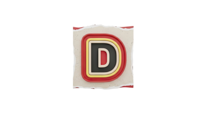 3D letter D with layered rings on torn paper on transparent background