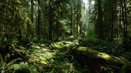 Sunlit forest path with mossy fallen trees woods nature