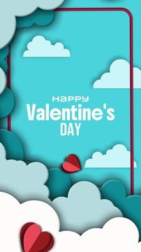 Vertical looping animation of paper-cut clouds framing a turquoise sky as red hearts flutter like butterflies. Romantic motion background for stories, reels, ads, greetings, and love-themed promos.