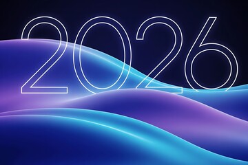 Futuristic glowing 2026 text on neon blue and purple waves background