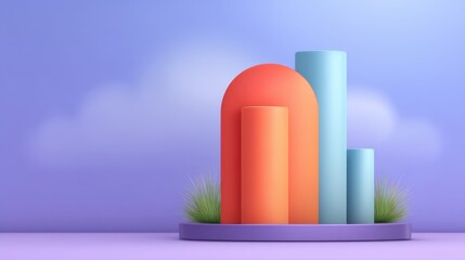 Colorful geometric shapes on a podium with greenery against a soft pastel background for modern design and promotional content