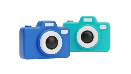 3D Two 3D cartoon cameras, blue and teal on transparent background