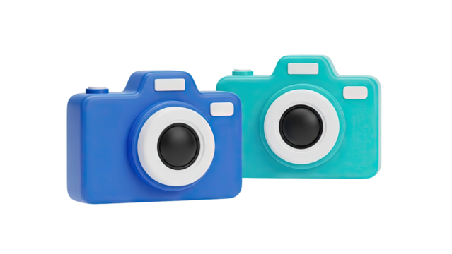 3D Two 3D cartoon cameras, blue and teal on transparent background - Powered by Adobe