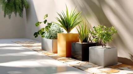 A row of stylish planters with vibrant plants in a sunny setting