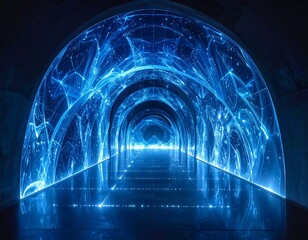 Illuminated tunnel with vibrant blue energy, reflecting on floor