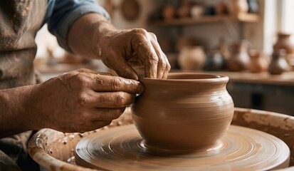 Close-up of Potter's Hands Shaping Clay Pot on Wheel