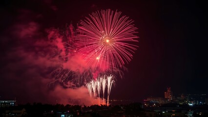 Vibrant red and white fireworks exploding in the night sky over a cityscape with a dark background and illuminated buildings below the display