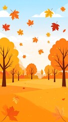 Autumn landscape with orange and yellow trees, with leaves falling, set against a blue sky