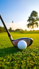 A golf ball sits on lush green grass next to a golf club, bathed in the warm light of the setting sun