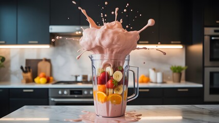 Dynamic kitchen scene with fruit smoothie exploding from blender in motion