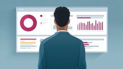 Business professional analyzing colorful graphs and charts on a large screen, showcasing data visualization and decision-making process in modern office