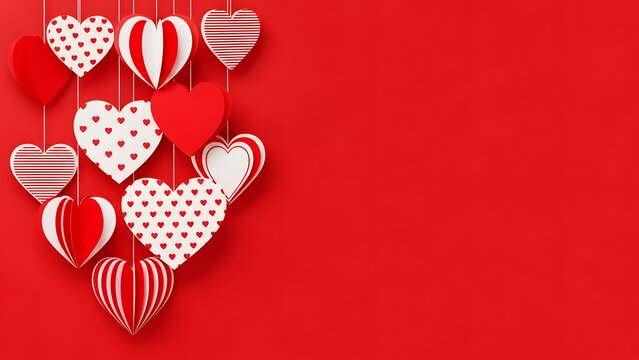 A collection of red and white paper hearts with patterns hanging against a solid red background for Valentine's Day - Powered by Adobe