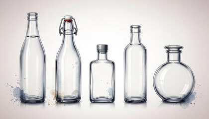 Watercolor 3D Illustration Of Five Types Of Glass Bottles, Ideal for packaging design concepts, branding mockups, beverage visuals, educational materials