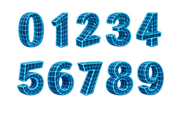 Digital Number Set: A collection of stylized, three-dimensional numbers, rendered with a sleek, futuristic grid pattern, showcasing the building blocks of mathematics and technology. 