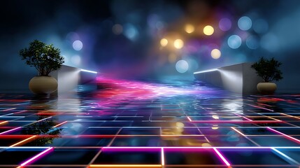 A futuristic abstract neon stage with a reflective floor and plants