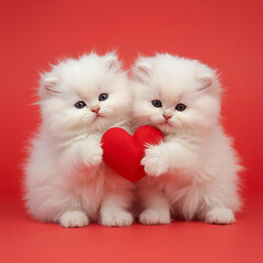 Two white kittens holding a red heart
