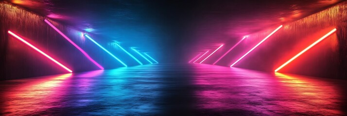 An illuminated futuristic tunnel with neon lights that creates a modern ambiance