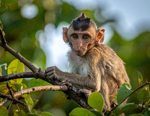Close-up of a young primate sitting on a tree branch, staring intently