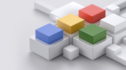 Abstract geometric shapes with colorful blocks on a minimalistic white background, emphasizing creativity, design, and modern aesthetics in digital art