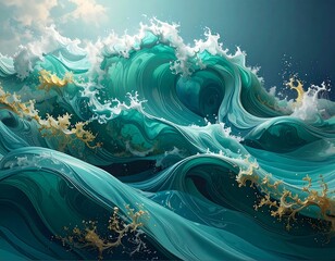 Illustration of a turquoise ocean wave cresting and crashing