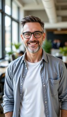 Obraz premium Confident Middle-Aged Professional Man with Beard and Glasses in Modern Office Setting, radiates Professionalism and Approachability for Business Marketing.