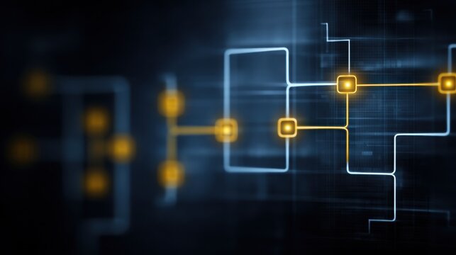 Abstract digital technology connections with glowing nodes on a dark background, representing modern networking and data flow concepts - Powered by Adobe