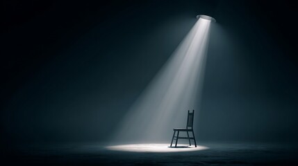 Dramatic illuminated chair in an empty dark room, suggesting isolation, spotlight, anticipation