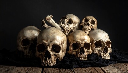 Pile of Human Skulls and Bones on Wooden Table.