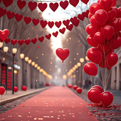 Romantic street decorated with heart balloons