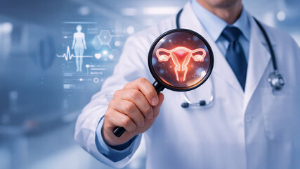 Male doctor in white coat holding magnifying glass showing female reproductive system icon with futuristic digital medical interface for gynecology health diagnosis and reproductive wellness concept