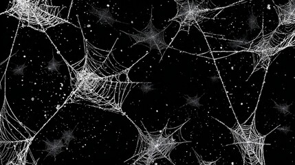 Intricate, luminous spiderwebs against a deep black backdrop, creating a captivating display