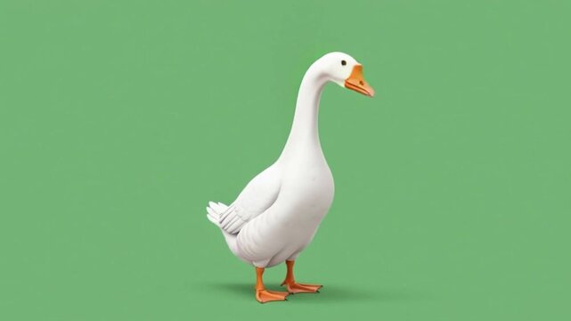 Realistic white domestic goose standing isolated on a solid green screen background. Side view of a farm bird with orange beak and webbed feet, ready for chroma keying and compositing